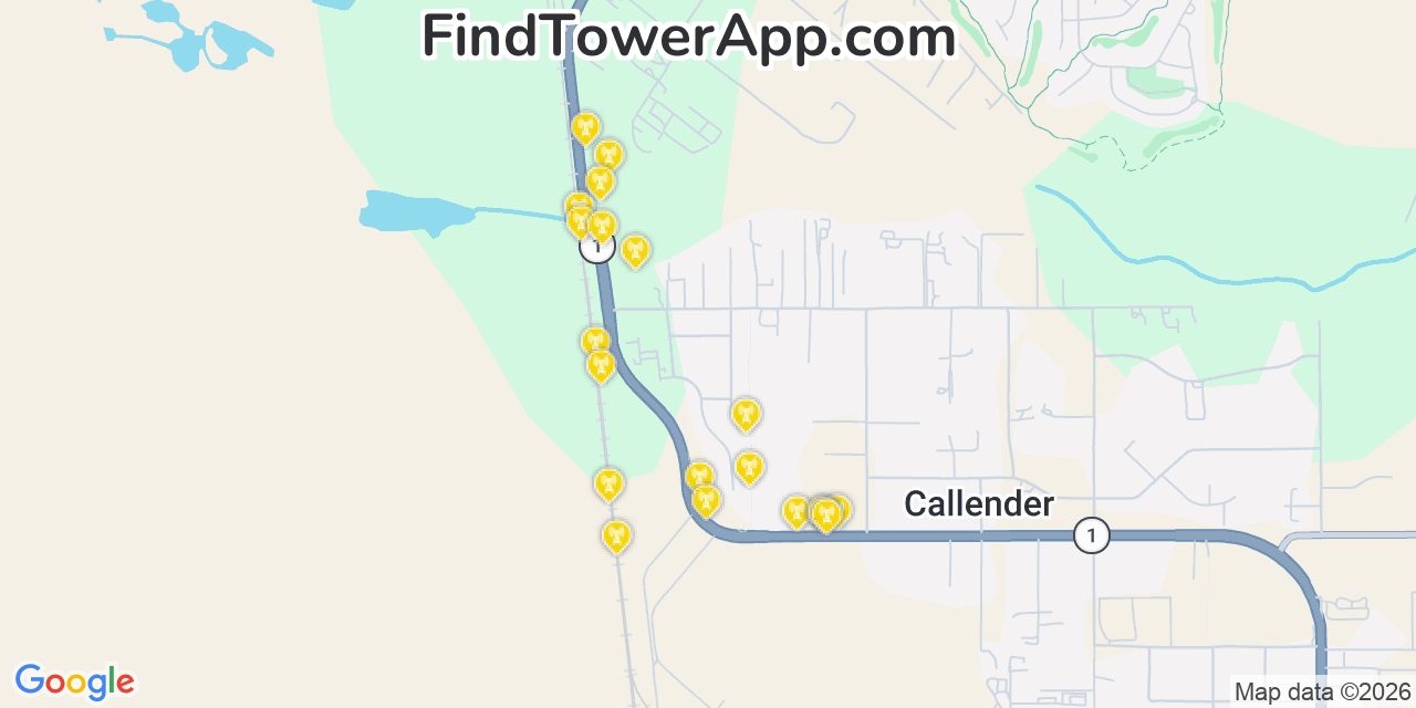 Map showing the 20 primary cell tower locations detected in Callender, California from AT&T, Verizon, and T-Mobile networks