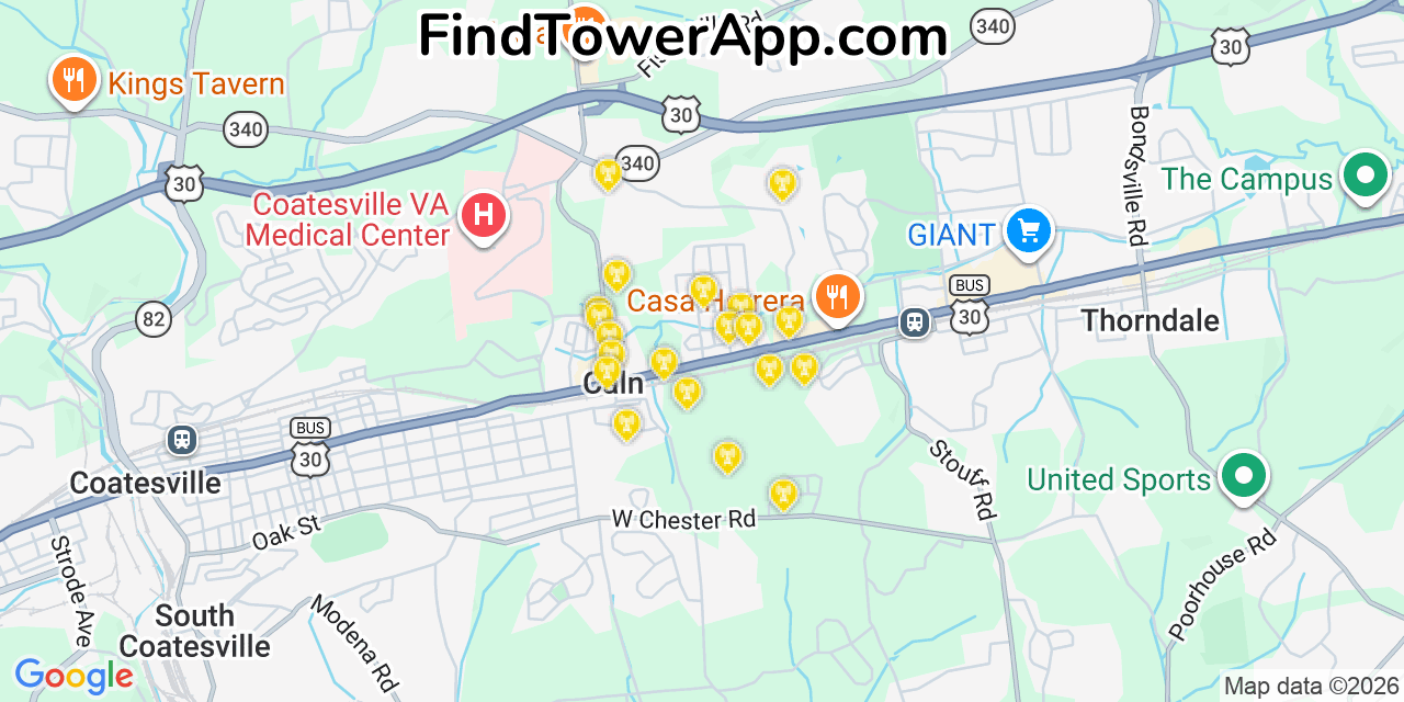 Map showing the 20 primary cell tower locations detected in Caln, Pennsylvania from AT&T, Verizon, and T-Mobile networks