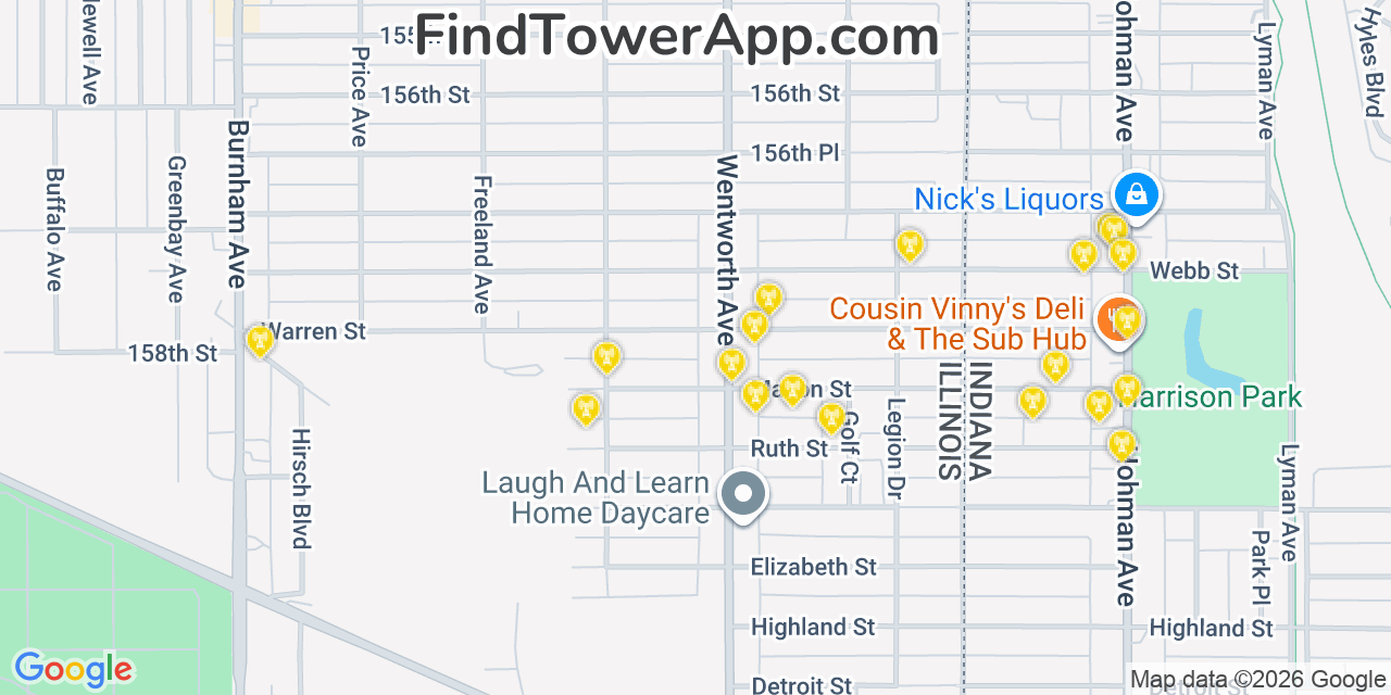 Map showing the 20 primary cell tower locations detected in Calumet City, Illinois from AT&T, Verizon, and T-Mobile networks