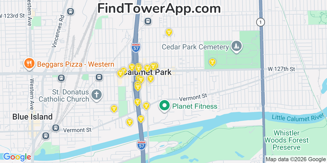 Map showing the 20 primary cell tower locations detected in Calumet Park, Illinois from AT&T, Verizon, and T-Mobile networks