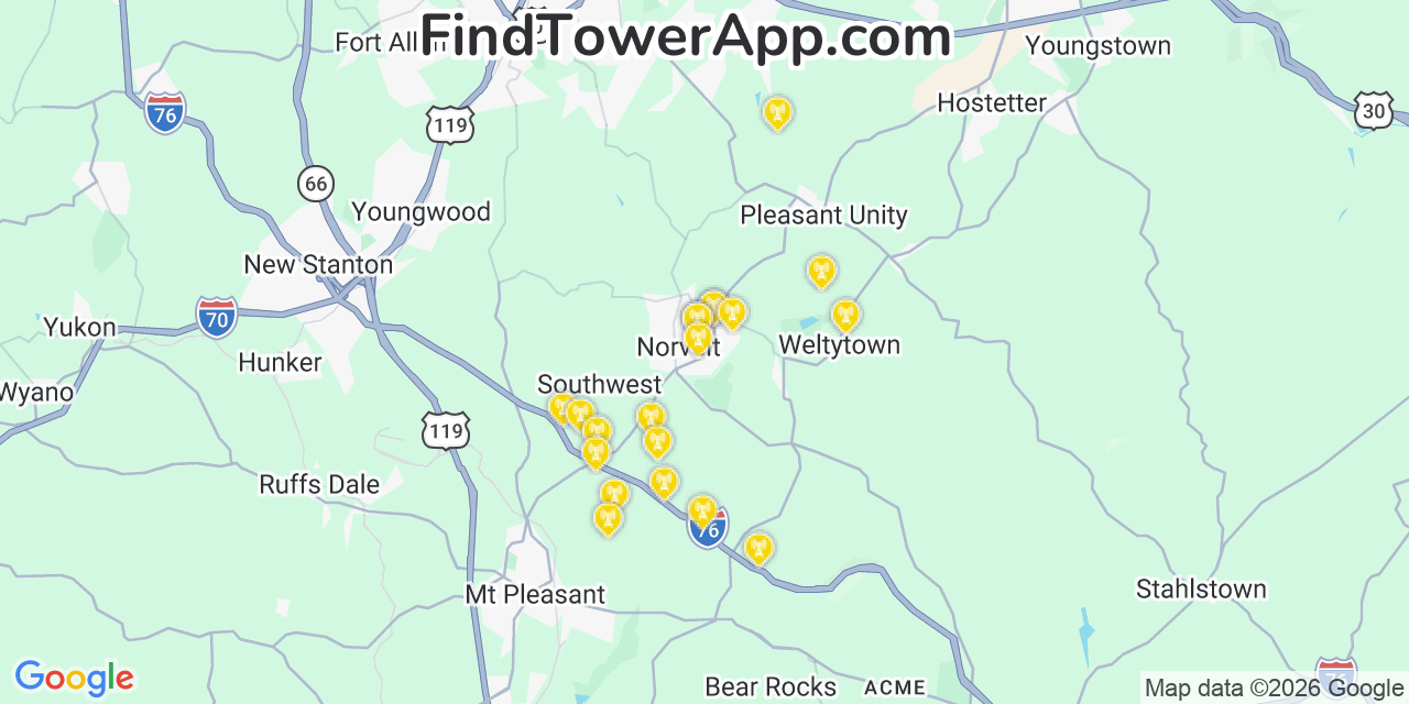 Map showing the 20 primary cell tower locations detected in Calumet, Pennsylvania from AT&T, Verizon, and T-Mobile networks