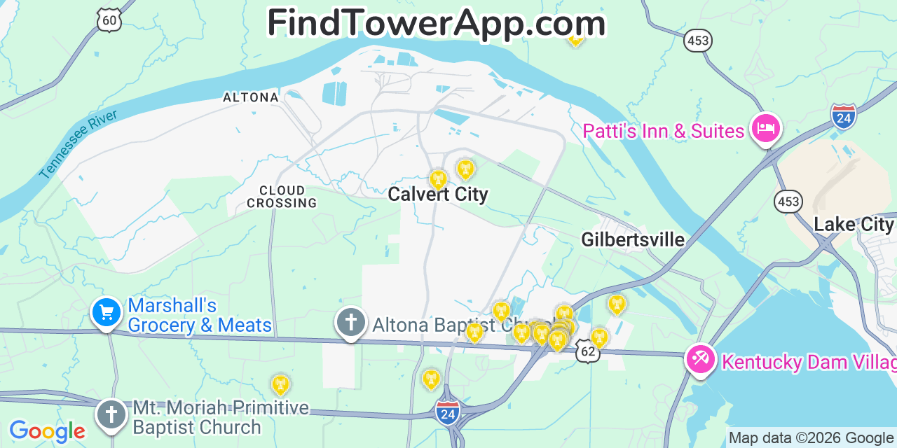 Map showing the 20 primary cell tower locations detected in Calvert City, Kentucky from AT&T, Verizon, and T-Mobile networks