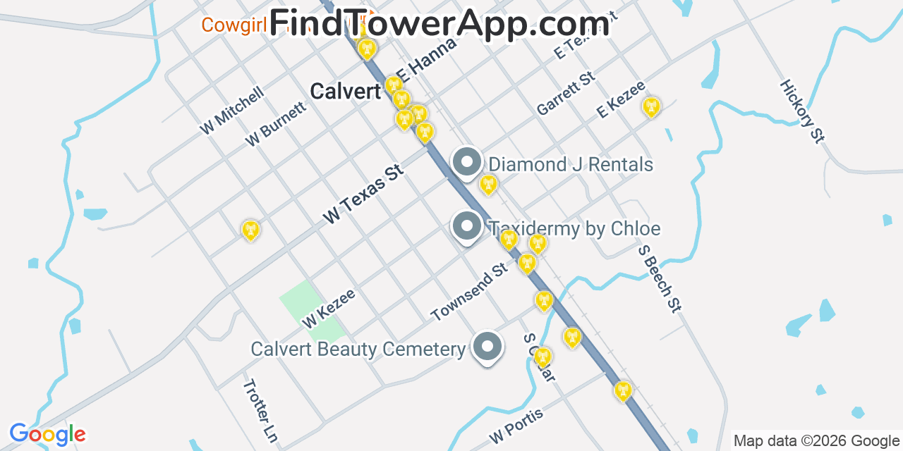 Map showing the 20 primary cell tower locations detected in Calvert, Texas from AT&T, Verizon, and T-Mobile networks