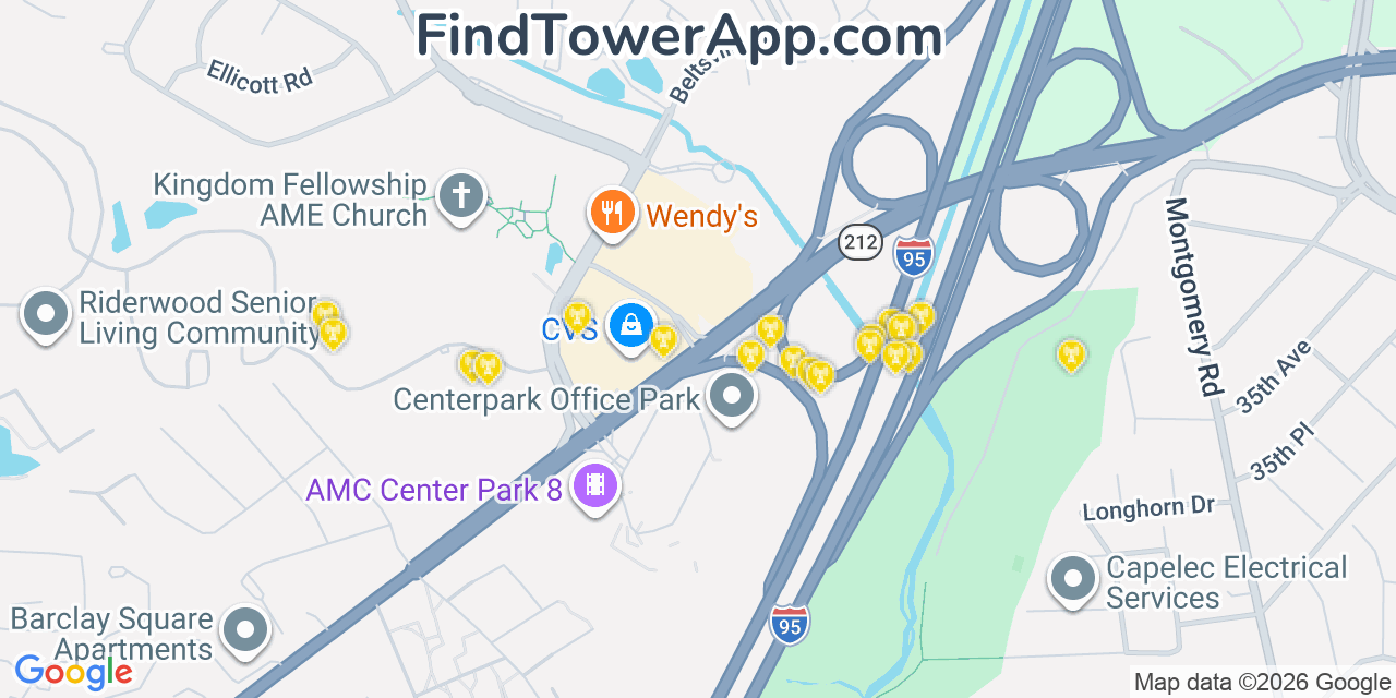 Map showing the 20 primary cell tower locations detected in Calverton, Maryland from AT&T, Verizon, and T-Mobile networks