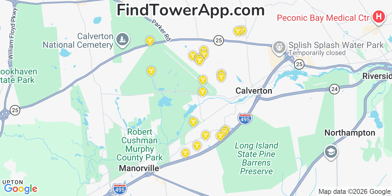 Map showing the 20 primary cell tower locations detected in Calverton, New York from AT&T, Verizon, and T-Mobile networks