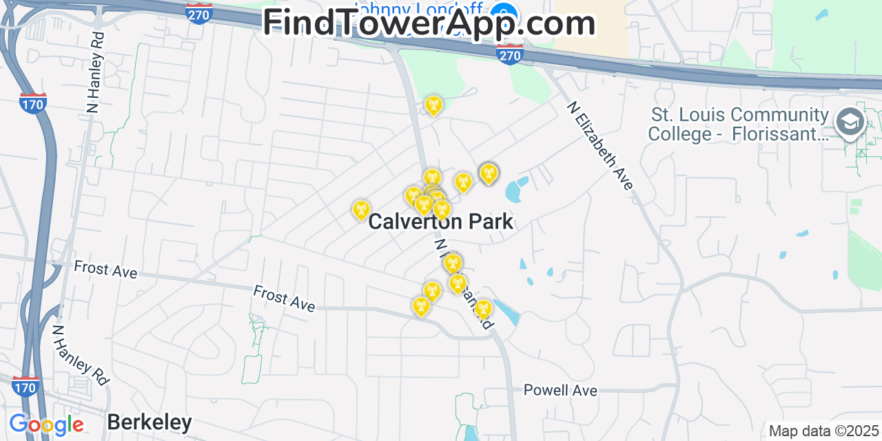 Map showing the 20 primary cell tower locations detected in Calverton Park, Missouri from AT&T, Verizon, and T-Mobile networks