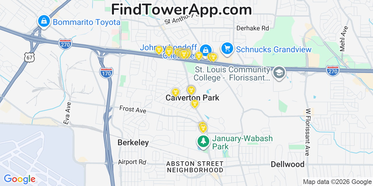 Map showing the 20 primary cell tower locations detected in Calverton Park, Missouri from AT&T, Verizon, and T-Mobile networks