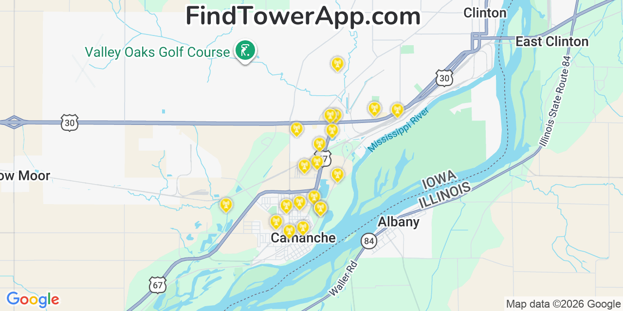 Map showing the 20 primary cell tower locations detected in Camanche, Iowa from AT&T, Verizon, and T-Mobile networks