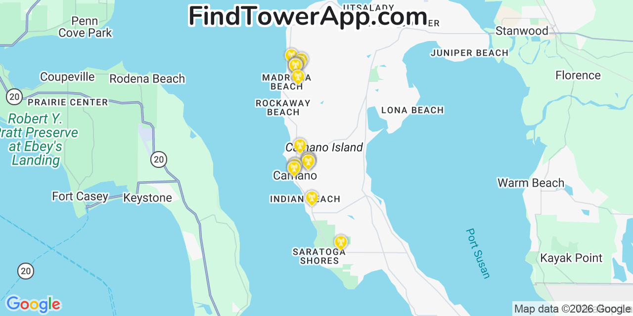 Map showing the 20 primary cell tower locations detected in Camano, Washington from AT&T, Verizon, and T-Mobile networks