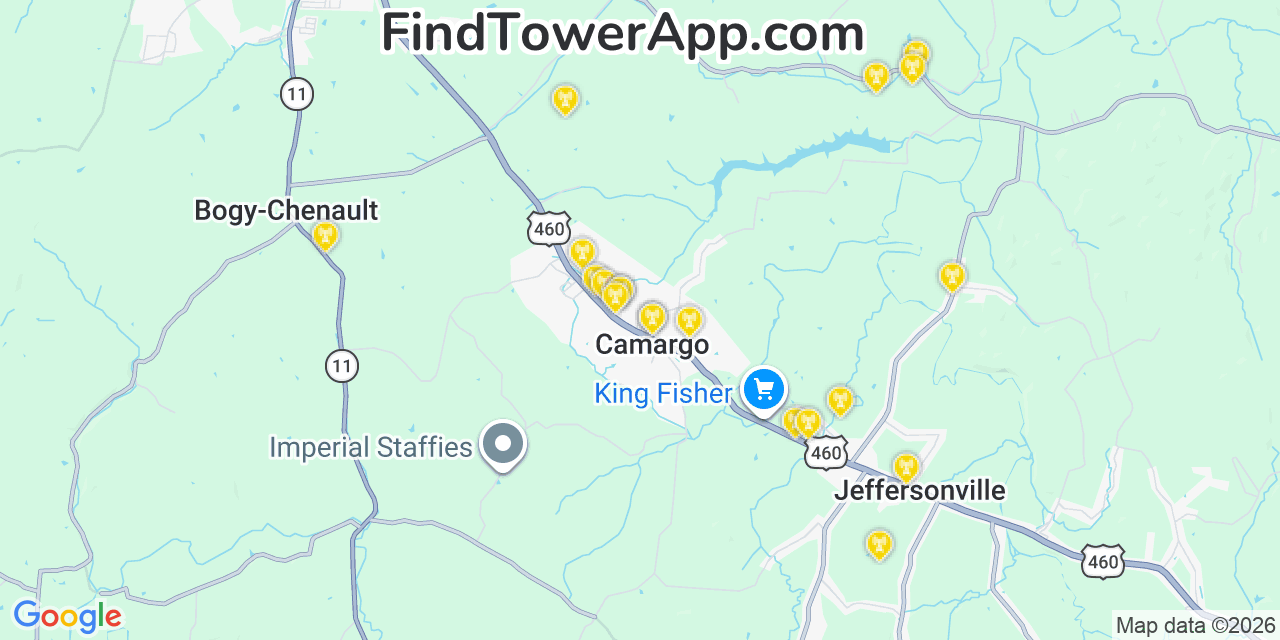 Map showing the 20 primary cell tower locations detected in Camargo, Kentucky from AT&T, Verizon, and T-Mobile networks