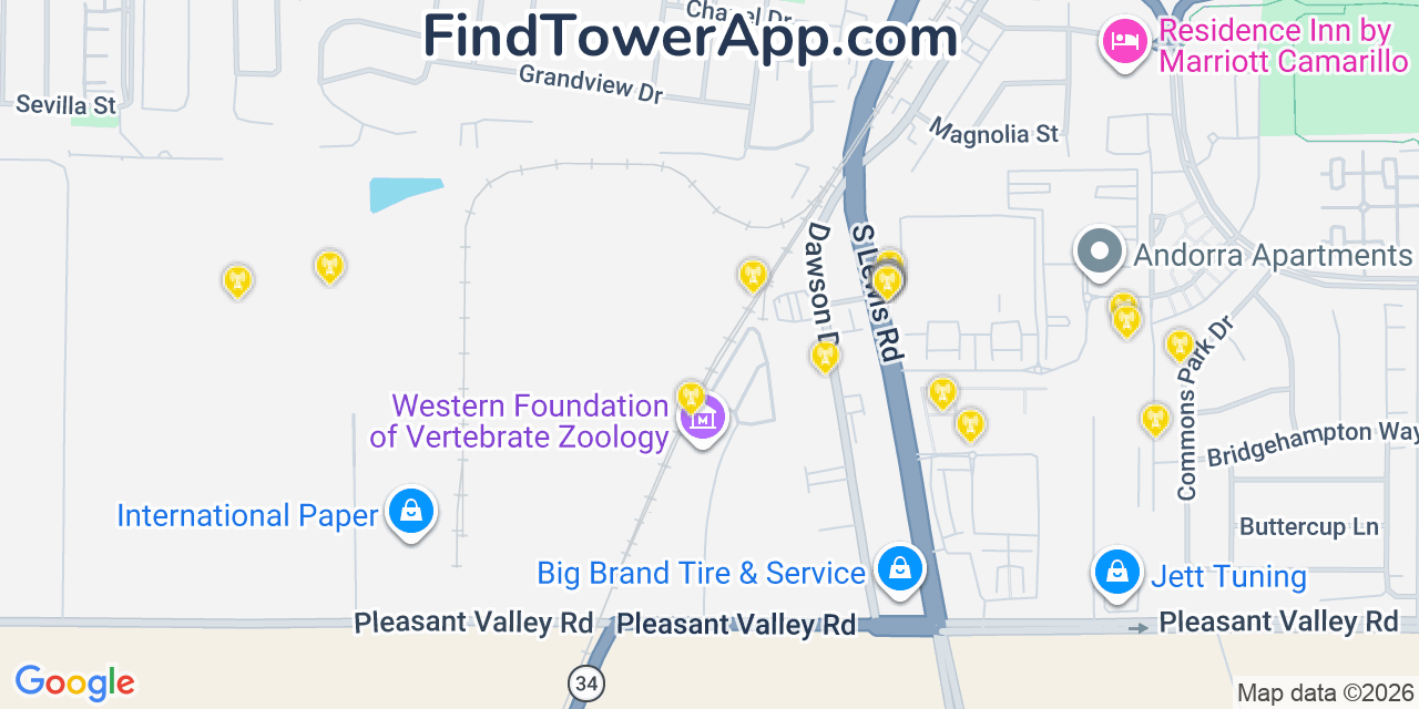 Map showing the 20 primary cell tower locations detected in Camarillo, California from AT&T, Verizon, and T-Mobile networks