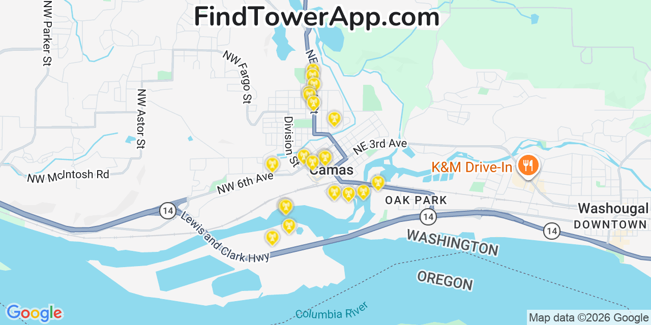 Map showing the 20 primary cell tower locations detected in Camas, Washington from AT&T, Verizon, and T-Mobile networks