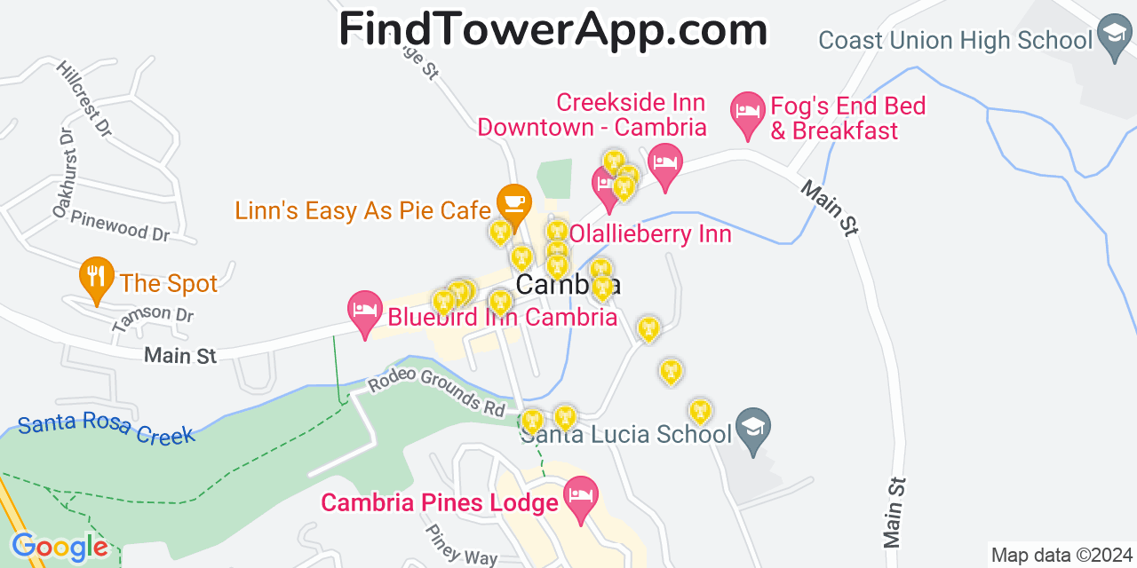 AT&T 4G/5G cell tower coverage map Cambria, California