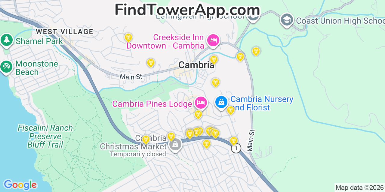 Map showing the 20 primary cell tower locations detected in Cambria, California from AT&T, Verizon, and T-Mobile networks