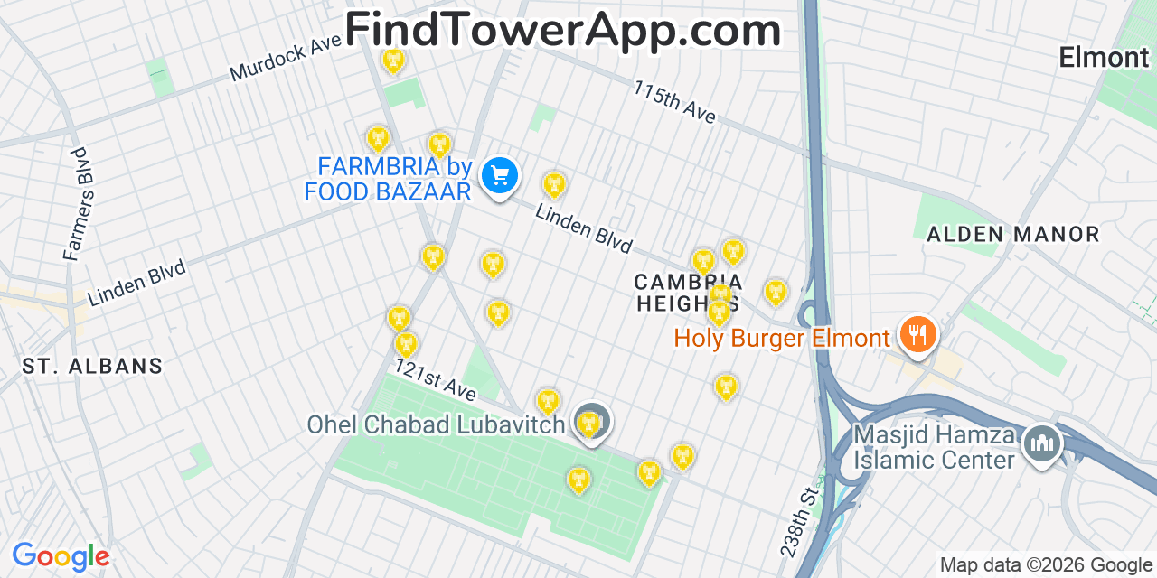 Map showing the 20 primary cell tower locations detected in Cambria Heights, New York from AT&T, Verizon, and T-Mobile networks