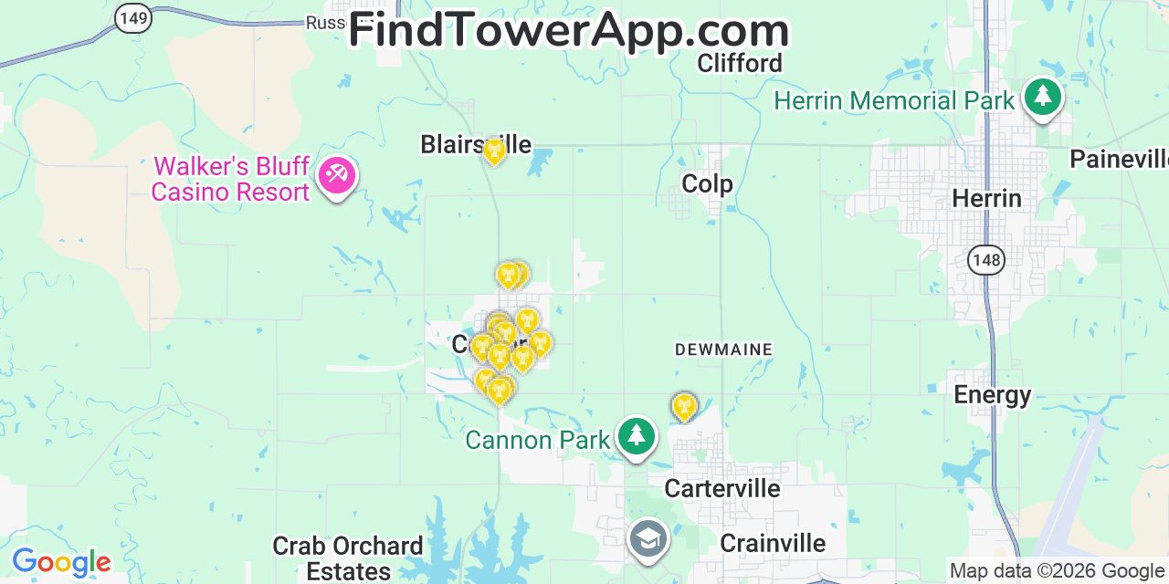 Map showing the 20 primary cell tower locations detected in Cambria, Illinois from AT&T, Verizon, and T-Mobile networks