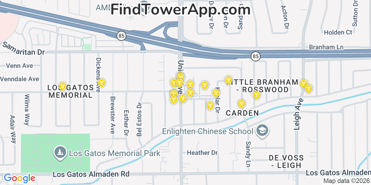 Map showing the 20 primary cell tower locations detected in Cambrian Park, California from AT&T, Verizon, and T-Mobile networks