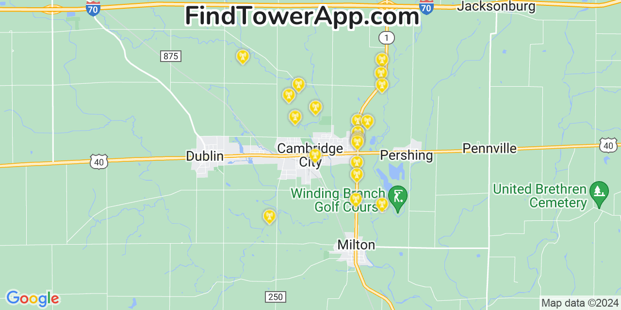 AT&T 4G/5G cell tower coverage map Cambridge City, Indiana