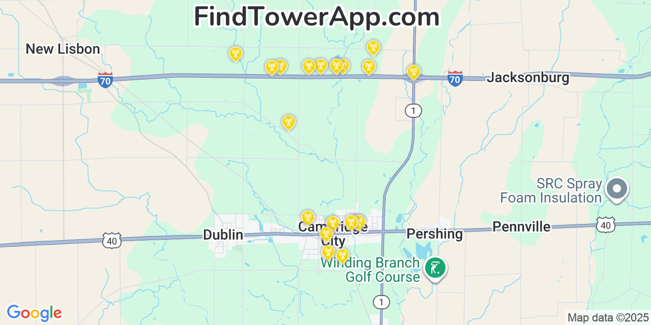Map showing the 20 primary cell tower locations detected in Cambridge City, Indiana from AT&T, Verizon, and T-Mobile networks