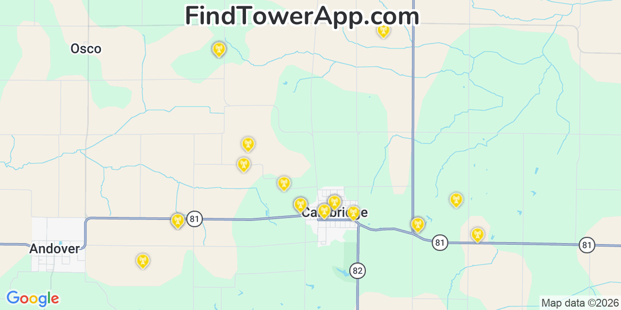Map showing the 20 primary cell tower locations detected in Cambridge, Illinois from AT&T, Verizon, and T-Mobile networks