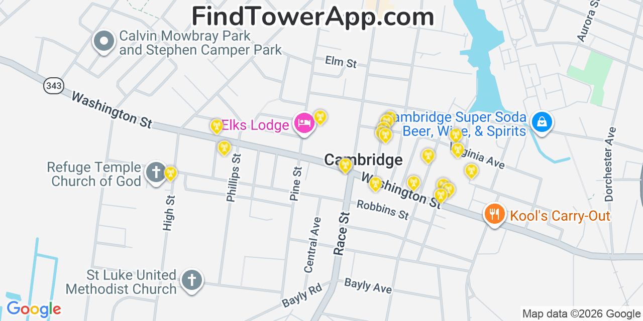 Map showing the 20 primary cell tower locations detected in Cambridge, Maryland from AT&T, Verizon, and T-Mobile networks