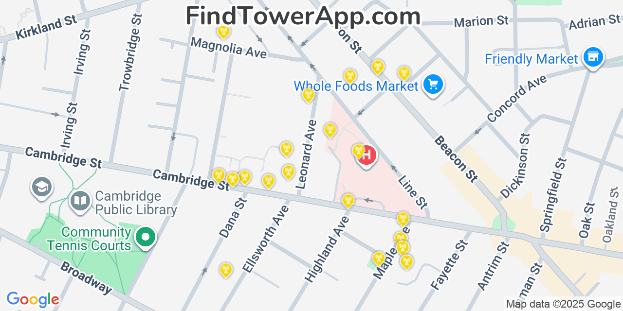 Map showing the 20 primary cell tower locations detected in Cambridge, Massachusetts from AT&T, Verizon, and T-Mobile networks