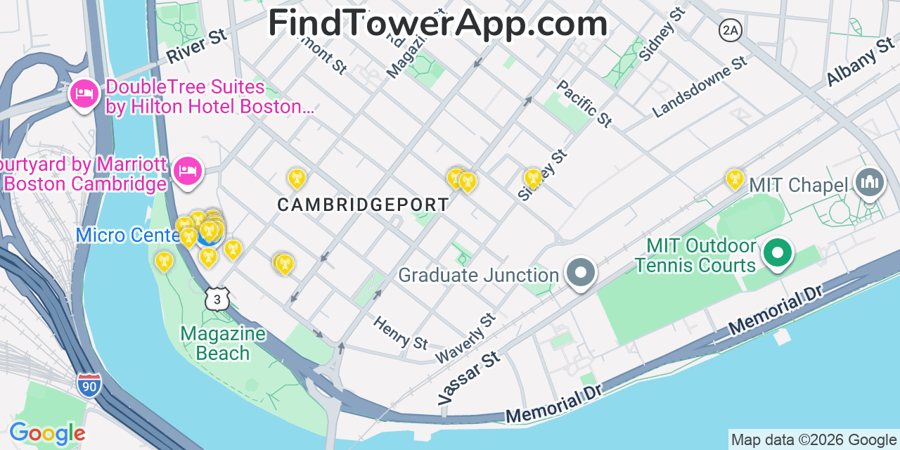 Map showing the 20 primary cell tower locations detected in Cambridge, Massachusetts from AT&T, Verizon, and T-Mobile networks
