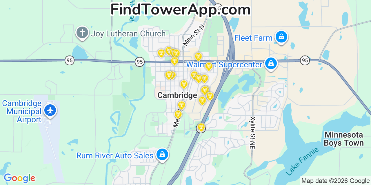 Map showing the 20 primary cell tower locations detected in Cambridge, Minnesota from AT&T, Verizon, and T-Mobile networks