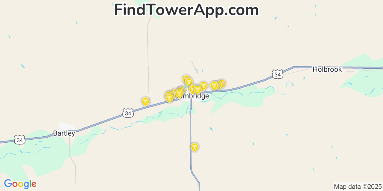 Map showing the 20 primary cell tower locations detected in Cambridge, Nebraska from AT&T, Verizon, and T-Mobile networks
