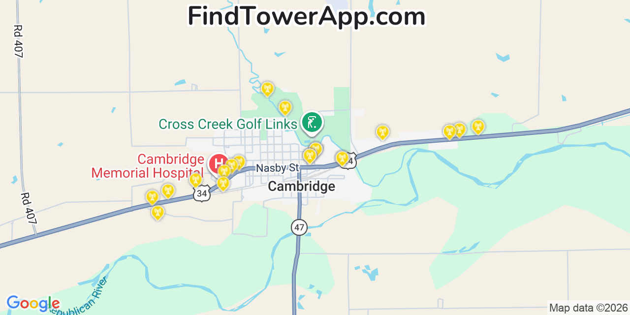 Map showing the 20 primary cell tower locations detected in Cambridge, Nebraska from AT&T, Verizon, and T-Mobile networks