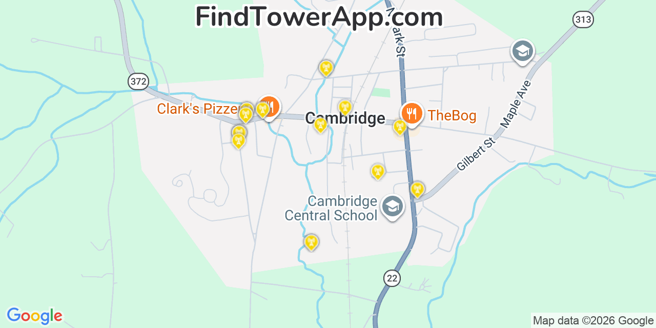Map showing the 20 primary cell tower locations detected in Cambridge, New York from AT&T, Verizon, and T-Mobile networks
