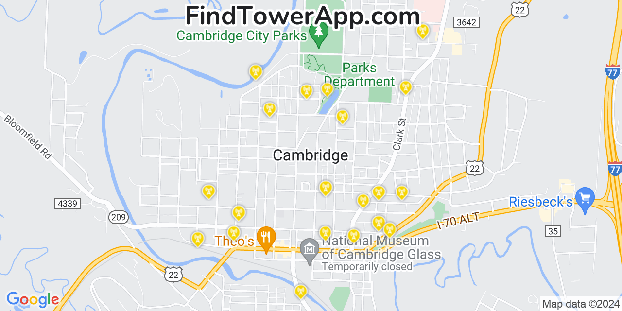 AT&T 4G/5G cell tower coverage map Cambridge, Ohio