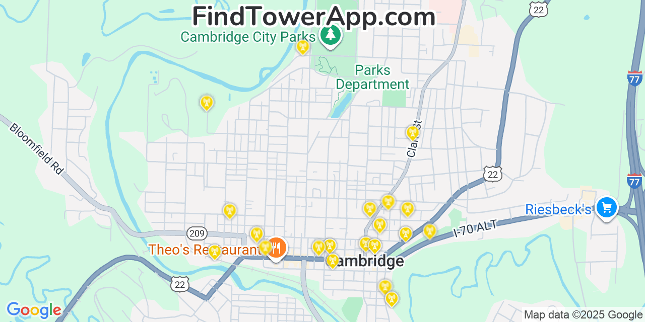 Map showing the 20 primary cell tower locations detected in Cambridge, Ohio from AT&T, Verizon, and T-Mobile networks