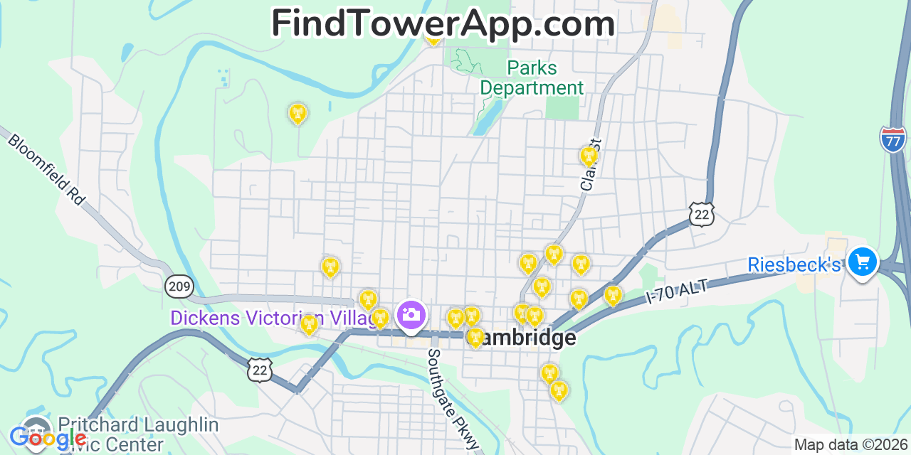 Map showing the 20 primary cell tower locations detected in Cambridge, Ohio from AT&T, Verizon, and T-Mobile networks