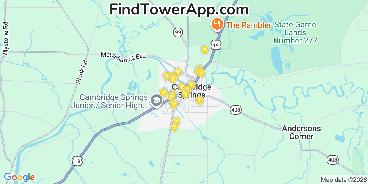 Map showing the 20 primary cell tower locations detected in Cambridge Springs, Pennsylvania from AT&T, Verizon, and T-Mobile networks