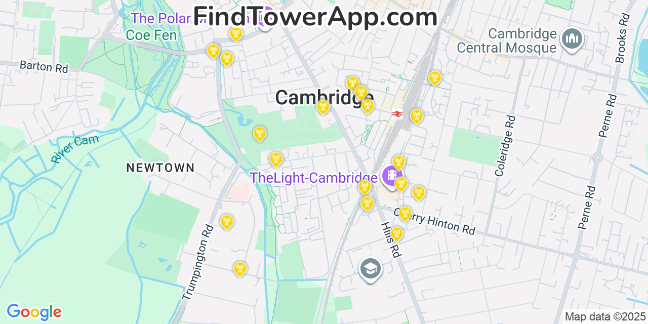 Map showing the 20 primary cell tower locations detected in Cambridge, United Kingdom with coverage areas and signal strength