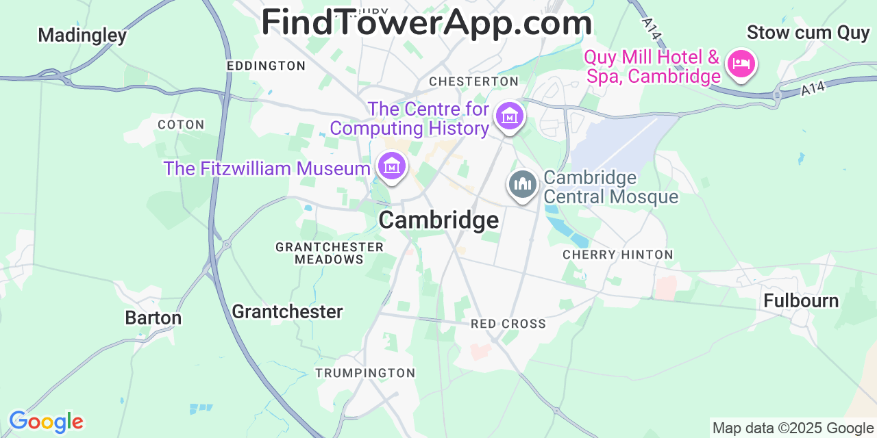 Map showing the 0 primary Tesco-Mobile cell tower locations detected in Cambridge, United Kingdom with coverage radius and signal strength indicators