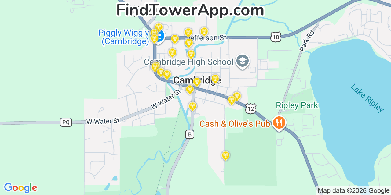 Map showing the 20 primary cell tower locations detected in Cambridge, Wisconsin from AT&T, Verizon, and T-Mobile networks