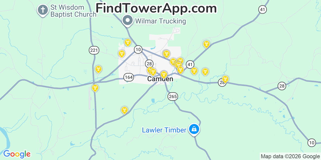 Map showing the 20 primary cell tower locations detected in Camden, Alabama from AT&T, Verizon, and T-Mobile networks