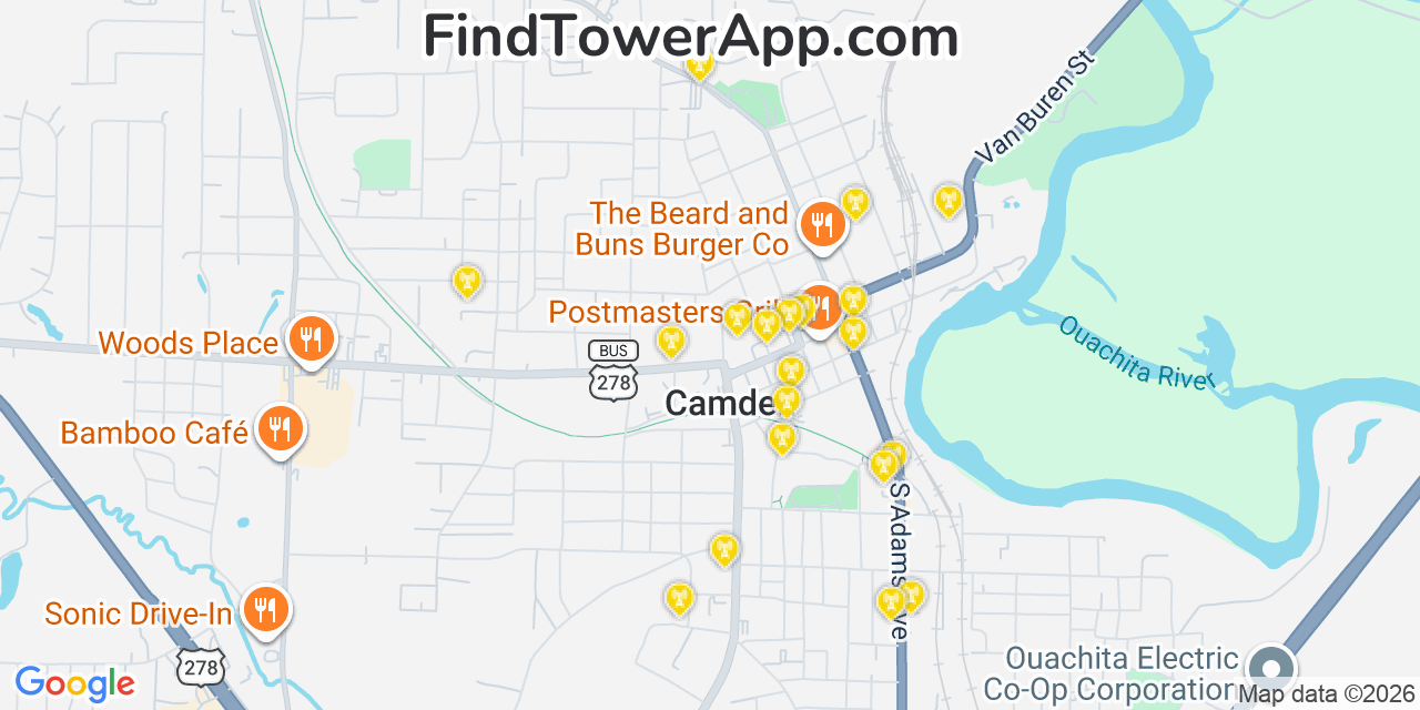 Map showing the 20 primary cell tower locations detected in Camden, Arkansas from AT&T, Verizon, and T-Mobile networks