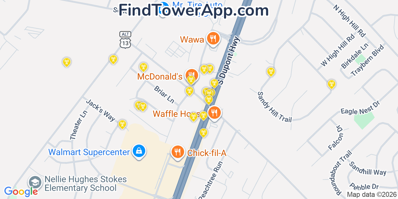 Map showing the 20 primary cell tower locations detected in Camden, Delaware from AT&T, Verizon, and T-Mobile networks