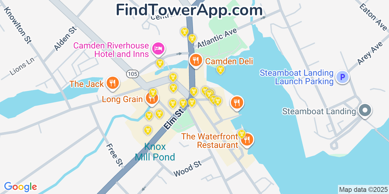 Map showing the 20 primary cell tower locations detected in Camden, Maine from AT&T, Verizon, and T-Mobile networks
