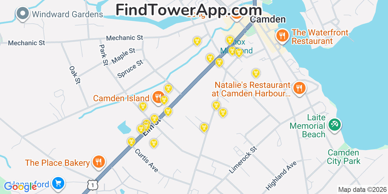 Map showing the 20 primary cell tower locations detected in Camden, Maine from AT&T, Verizon, and T-Mobile networks