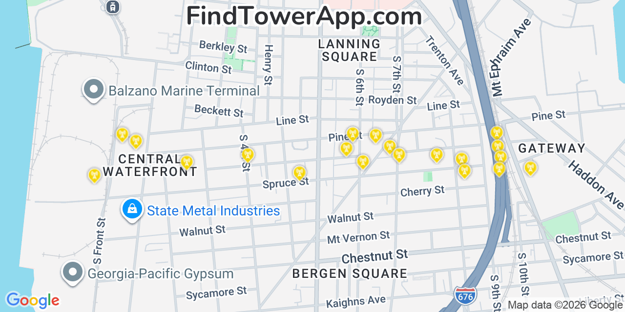 Map showing the 20 primary cell tower locations detected in Camden, New Jersey from AT&T, Verizon, and T-Mobile networks