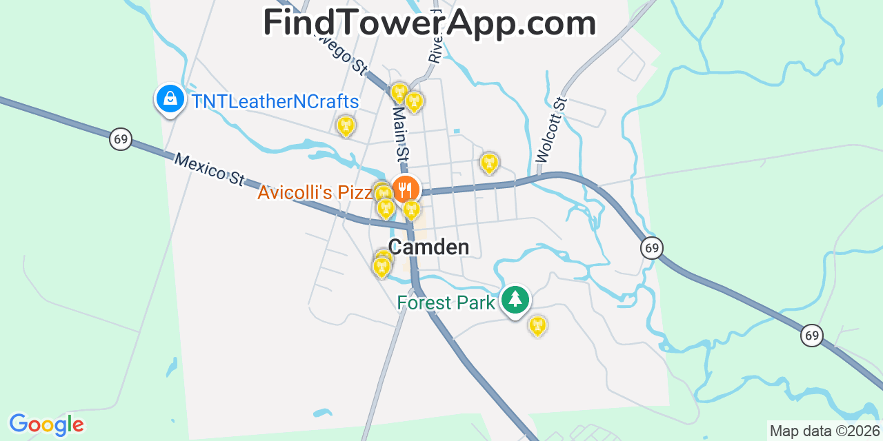 Map showing the 20 primary cell tower locations detected in Camden, New York from AT&T, Verizon, and T-Mobile networks