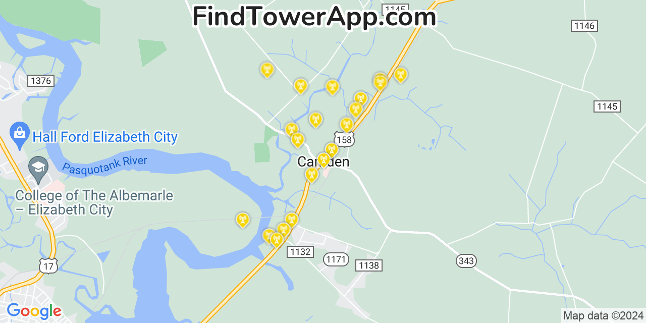 AT&T 4G/5G cell tower coverage map Camden, North Carolina