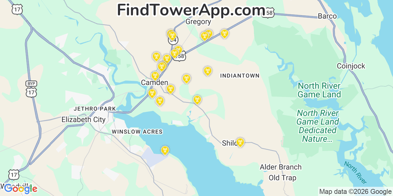 Map showing the 20 primary cell tower locations detected in Camden, North Carolina from AT&T, Verizon, and T-Mobile networks
