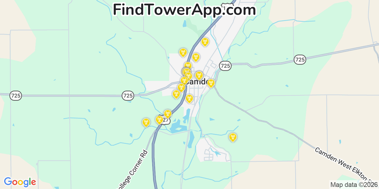 Map showing the 20 primary cell tower locations detected in Camden, Ohio from AT&T, Verizon, and T-Mobile networks