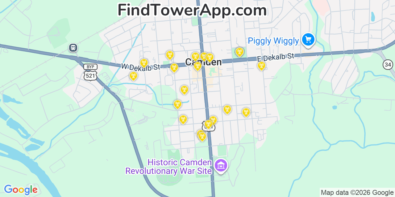 Map showing the 20 primary cell tower locations detected in Camden, South Carolina from AT&T, Verizon, and T-Mobile networks