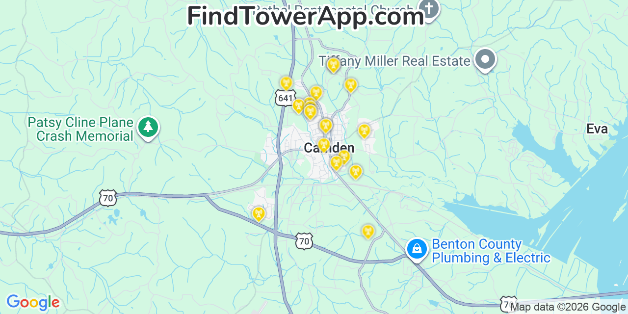 Map showing the 20 primary cell tower locations detected in Camden, Tennessee from AT&T, Verizon, and T-Mobile networks